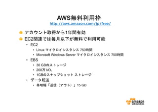 無料利用枠
             AWS無料利用枠
          http://aws.amazon.com/jp/free/

アカウント取得から1年間有効
EC2関連では毎月以下が無料で利用可能
• EC2
  • Linux マイクロインスタンス 750時間
  • Microsoft Windows Server マイクロインスタンス 750時間
• EBS
  • 30 GBのストレージ
  • 200万 I/O、
  • 1GBのスナップショット ストレージ
• データ転送
  • 帯域幅「送信（アウト）」15 GB
 
