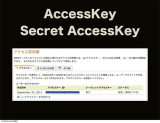 AccessKey
              Secret AccessKey




13年3月10日日曜日
 