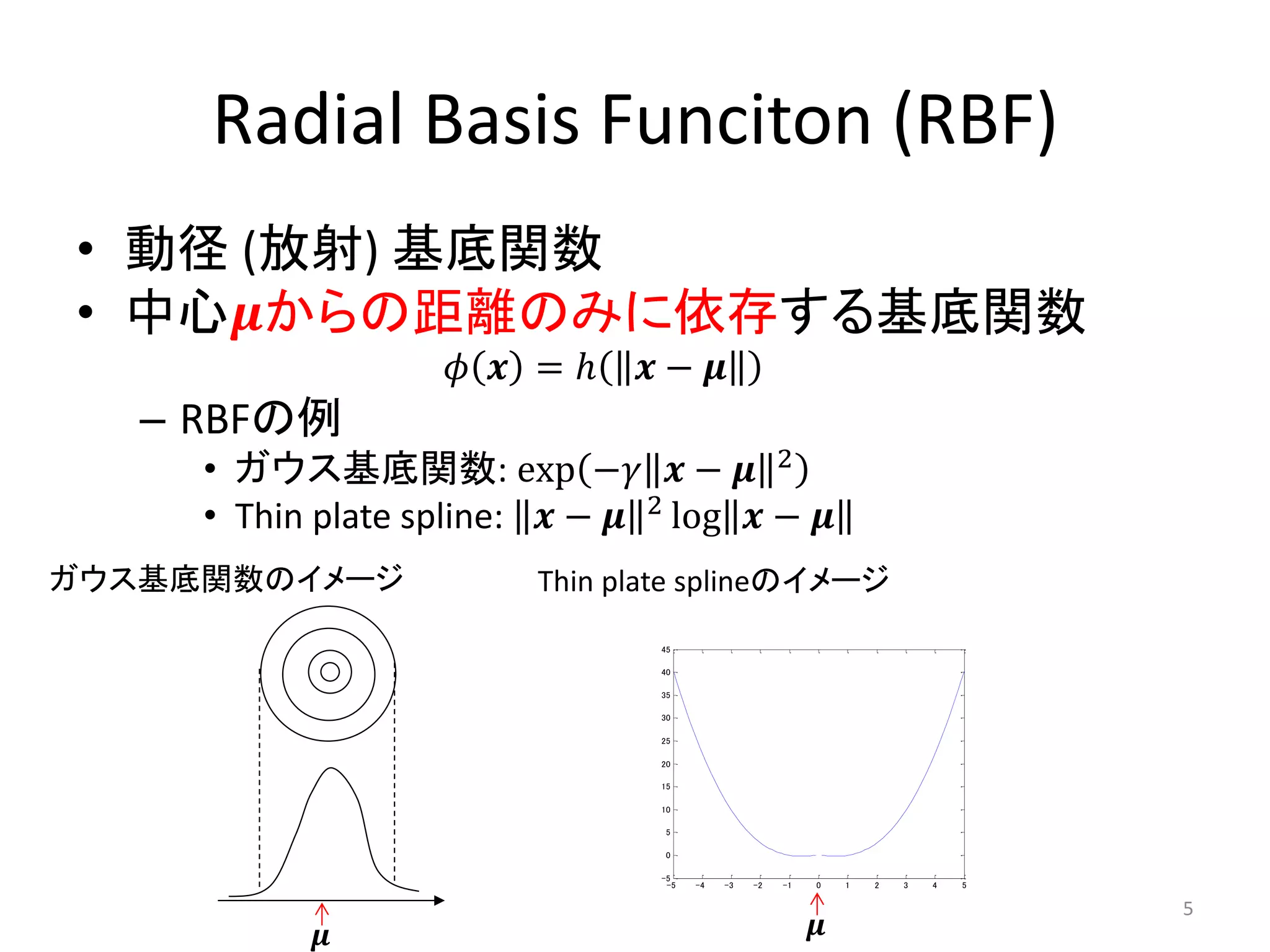 Radial Basis Funciton (RBF)
• 動径 (放射) 基底関数
• 中心𝝁からの距離のみに依存する基底関数
                    𝜙 𝒙 =ℎ     𝒙− 𝝁
   – RBFの例
     • ガウス基底関数: exp −𝛾 𝒙 − 𝝁 2
     • Thin plate spline: 𝒙 − 𝝁 2 log 𝒙 − 𝝁
ガウス基底関数のイメージ             Thin plate splineのイメージ
                                45

                                40

                                35

                                30

                                25

                                20

                                15

                                10

                                 5

                                 0

                                -5
                                 -5   -4   -3   -2   -1   0   1   2   3   4   5


                                                                                  5
            𝝁                                             𝝁
 