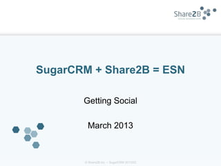 SugarCRM + Share2B = ESN

       Getting Social

        March 2013



       © Share2B Inc. – SugarCRM 2013/03
 