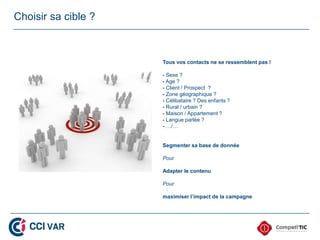 Choisir sa cible ?



                     Tous vos contacts ne se ressemblent pas !

                     - Sexe ?
                     - Age ?
                     - Client / Prospect ?
                     - Zone géographique ?
                     - Célibataire ? Des enfants ?
                     - Rural / urbain ?
                     - Maison / Appartement ?
                     - Langue parlée ?
                     - …/…


                     Segmenter sa base de donnée

                     Pour

                     Adapter le contenu

                     Pour

                     maximiser l’impact de la campagne
 