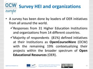 Survey HEI and organizations

• A survey has been done by leaders of OER initiatives
  from all around the world.
   Responses from 31 Higher Education Institutions
     and organizations from 14 different countries.
   Majority of respondents (81%) defined initiatives
     at their Institutions as OpenCourseWare (OCW)
     with the remaining 19% contextualizing their
     projects within the broader spectrum of Open
     Educational Resources (OER).

                            with the support of the Lifelong Learning
opencourseware.eu           Programme of the European Union
                                                                        14
 