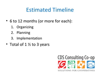 Estimated Timeline
• 6 to 12 months (or more for each):
1. Organizing
2. Planning
3. Implementation
• Total of 1 ½ to 3 years
 
