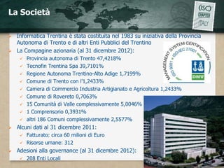 La Società

   Informatica Trentina è stata costituita nel 1983 su iniziativa della Provincia
    Autonoma di Trento e di altri Enti Pubblici del Trentino
   La Compagine azionaria (al 31 dicembre 2012):
        Provincia autonoma di Trento 47,4218%
        Tecnofin Trentina Spa 39,7101%
        Regione Autonoma Trentino-Alto Adige 1,7199%
        Comune di Trento con l’1,2433%
        Camera di Commercio Industria Artigianato e Agricoltura 1,2433%
        Comune di Rovereto 0,7063%
        15 Comunità di Valle complessivamente 5,0046%
        1 Comprensorio 0,3931%
        altri 186 Comuni complessivamente 2,5577%
   Alcuni dati al 31 dicembre 2011:
        Fatturato: circa 60 milioni di Euro
        Risorse umane: 312
   Adesioni alla governance (al 31 dicembre 2012):
        208 Enti Locali
                                                                                     3
 