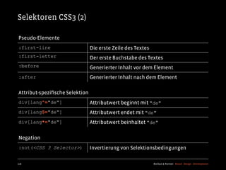 Selektoren CSS3 (2)

Pseudo-Elemente
:first-line                     Die erste Zeile des Textes
:first-letter                   Der erste Buchstabe des Textes
:before                         Generierter Inhalt vor dem Element
:after                          Generierter Inhalt nach dem Element

Attribut-speziﬁsche Selektion
div[lang^="de"]                 Attributwert beginnt mit "de"
div[lang$="de"]                 Attributwert endet mit "de"
div[lang*="de"]                 Attributwert beinhaltet "de"

Negation
:not(<CSS 3 Selector>)          Invertierung von Selektionsbedingungen

116                                                          Kochan & Partner Brand Design Development
 