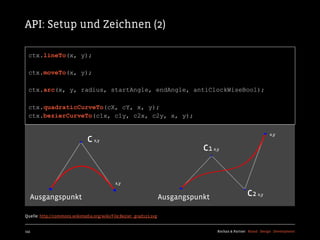 API: Setup und Zeichnen (2)

  ctx.lineTo(x, y);

  ctx.moveTo(x, y);

  ctx.arc(x, y, radius, startAngle, endAngle, antiClockWiseBool);

  ctx.quadraticCurveTo(cX, cY, x, y);
  ctx.bezierCurveTo(c1x, c1y, c2x, c2y, x, y);

                                                                                                                 x,y
                              c   x,y

                                                                               c1   x,y




                                            x,y


  Ausgangspunkt                                                     Ausgangspunkt                    c2    x,y



Quelle: http://commons.wikimedia.org/wiki/File:Bezier_grad123.svg


145                                                                                   Kochan & Partner Brand Design Development
 