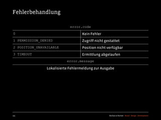 Fehlerbehandlung

                             error.code
0                                  Kein Fehler
1 PERMISSION_DENIED                Zugriff nicht gestattet
2 POSITION_UNAVAILABLE             Position nicht verfügbar
3 TIMEOUT                          Ermittlung abgelaufen
                           error.message

                Lokalisierte Fehlermeldung zur Ausgabe




155                                                Kochan & Partner Brand Design Development
 