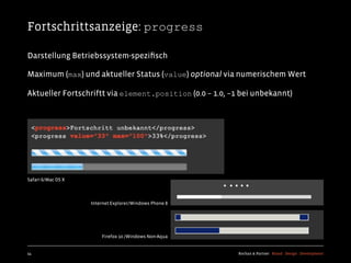Fortschrittsanzeige: progress

Darstellung Betriebssystem-speziﬁsch

Maximum (max) und aktueller Status (value) optional via numerischem Wert

Aktueller Fortschriftt via element.position (0.0 – 1.0, –1 bei unbekannt)




Safari 6/Mac OS X



                    Internet Explorer/Windows Phone 8




                        Firefox 10 /Windows Non-Aqua


54                                                        Kochan & Partner Brand Design Development
 