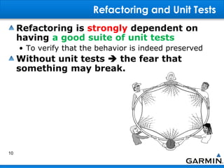 Refactoring and Unit Tests
Refactoring is strongly dependent on
having a good suite of unit tests
• To verify that the behavior is indeed preserved
Without unit tests  the fear that
something may break.
10
 
