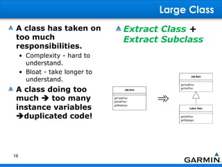 Large Class
A class has taken on
too much
responsibilities.
• Complexity - hard to
understand.
• Bloat - take longer to
understand.
A class doing too
much  too many
instance variables
duplicated code!
Extract Class +
Extract Subclass
16
 