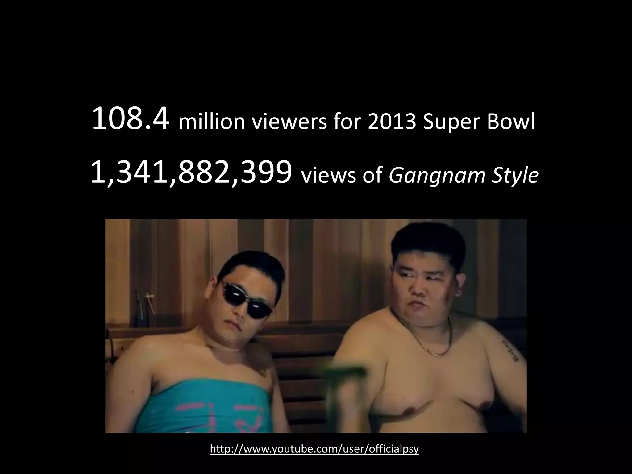 108.4 million viewers for 2013 Super Bowl
1,341,882,399 views of Gangnam Style
http://www.youtube.com/user/officialpsy
 