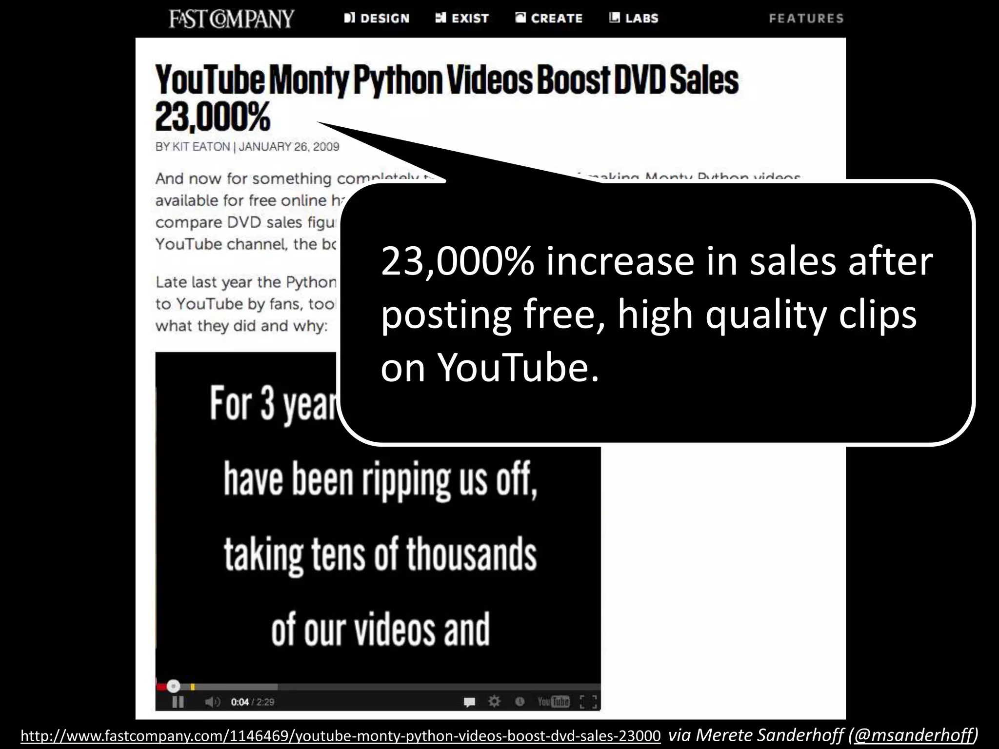 23,000% increase in sales after
posting free, high quality clips
on YouTube.
http://www.fastcompany.com/1146469/youtube-monty-python-videos-boost-dvd-sales-23000 via Merete Sanderhoff (@msanderhoff)
 