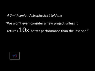 “We won’t even consider a new project unless it
returns 10x better performance than the last one.”
A Smithsonian Astrophys...