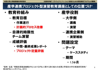 大阪大学大学院情報科学研究科            文部科学省「ソフトウェアイノベーション先導のための研究教育プログラムの開発」


  産学連携プロジェクト型演習教育講座としての位置づけ*
• 教育枠組み                             • 産学役割
    – 教育目標                             – 大学側
       • 作業遂行                              • 講義
       • 計画的プロセス改善                         • 演習
    – 自律的時限性                           – 連携企業側
      チーム演習                                • 演習補助
    – 成績評価                          • 問題設定
       • 中間・最終成果レポート                   – テーマ
       • プロジェクト定量評価
                                           • ケーススタディ
                                       – 期間
                                           • 1.5ヶ月
*鷲崎 弘宣, “情報処理推進機構(IPA)におけるPBLに関する取り組みの成果と早稲田大学の実践研究事例,”       8
第2回PBLシンポジウム, 2013
 