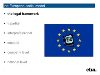 1
the European social model
● the legal framework
● tripartite
● interprofessional
● sectoral
● company level
● national level
 