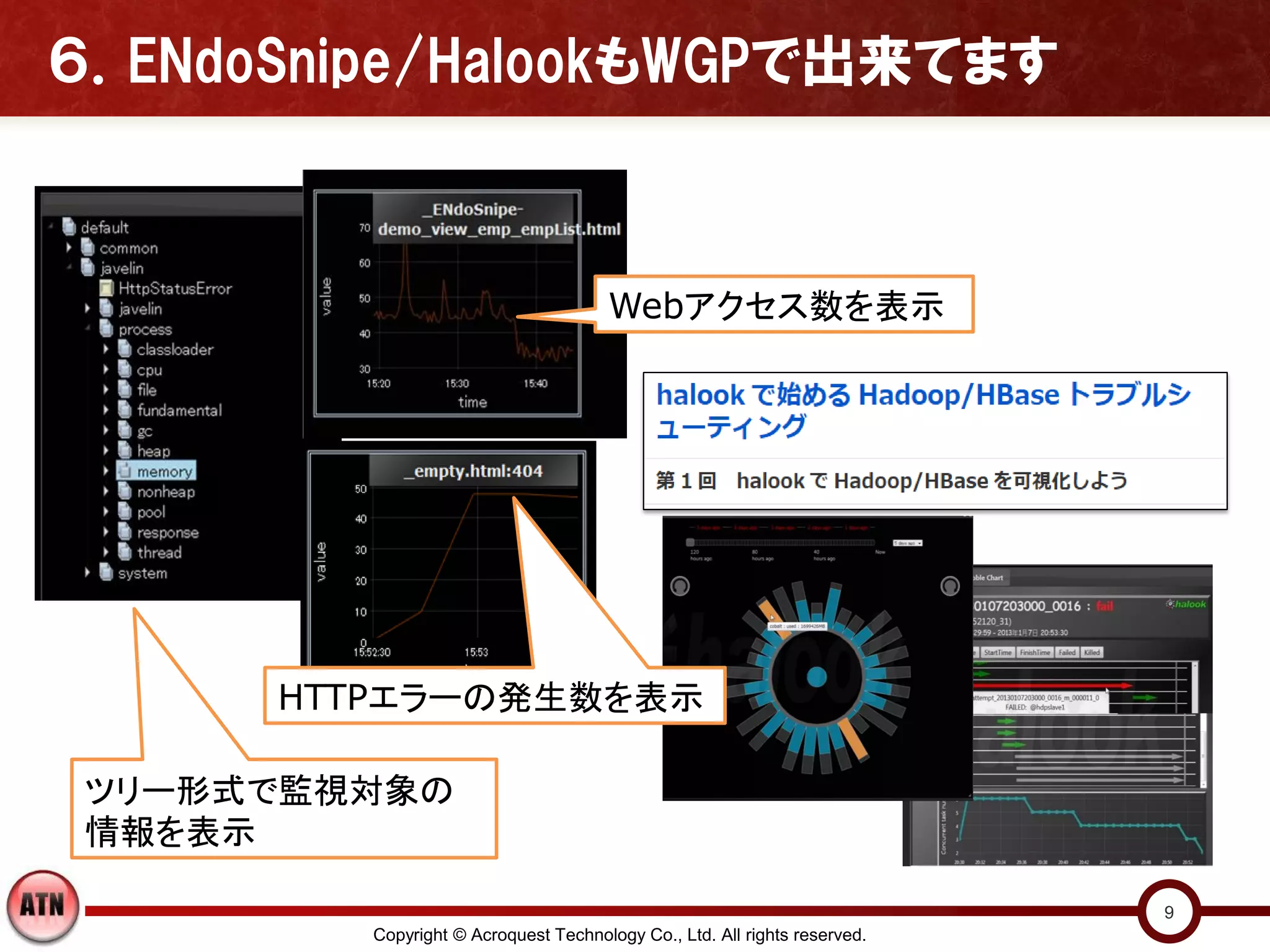 ６．ENdoSnipe/HalookもWGPで出来てます



                                      Webアクセス数を表示




      HTTPエラーの発生数を表示

 ツリー形式で監視対象の
 情報を表示

                                                                           9
         Copyright © Acroquest Technology Co., Ltd. All rights reserved.
 