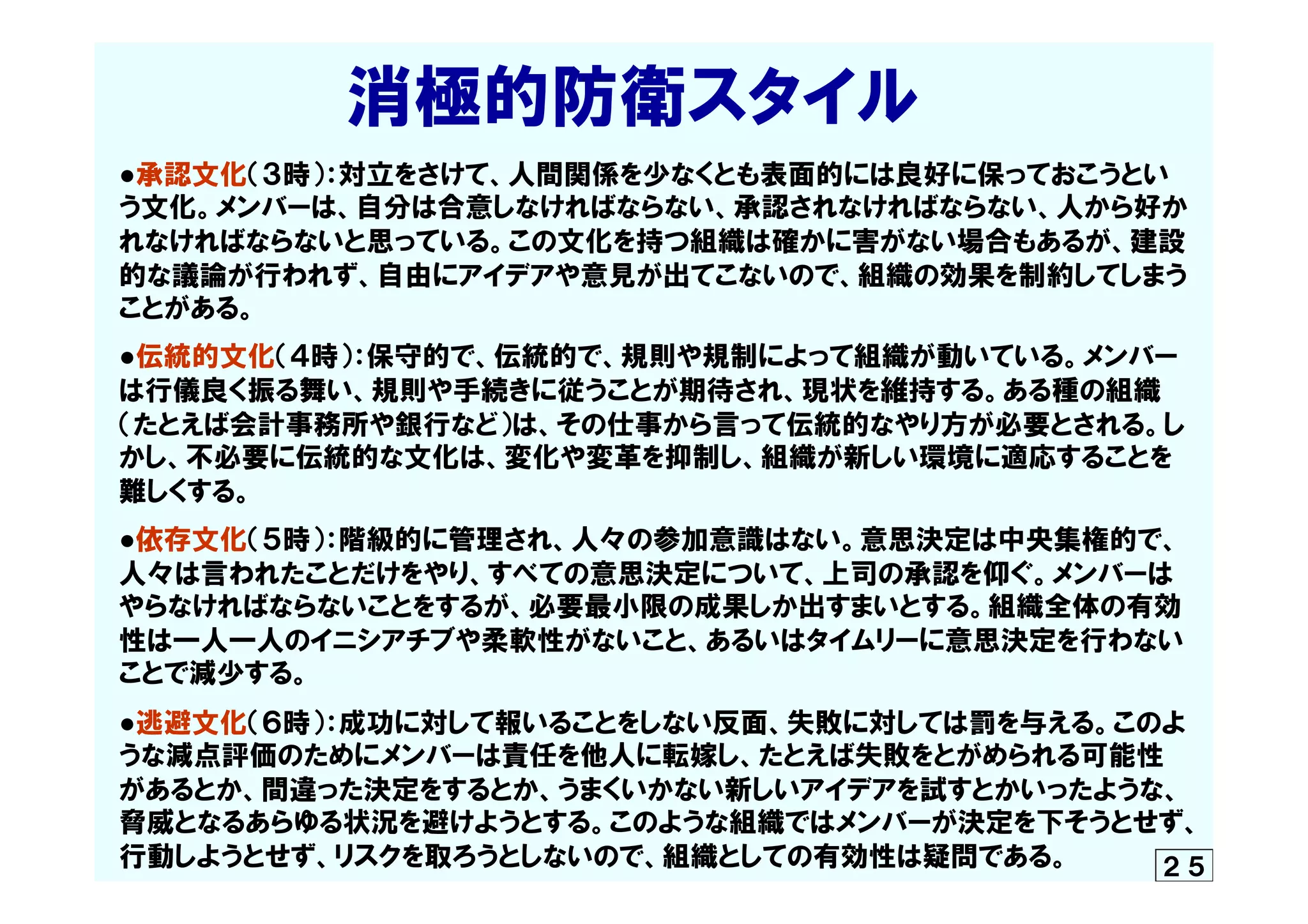 　　　　　消極的防衛スタイル
●承認文化（３時）：対立をさけて、人間関係を少なくとも表面的には良好に保っておこうとい
う文化。メンバーは、自分は合意しなければならない、承認されなければならない、人から好か
れなければならないと思っている。この文化を持つ組織は確かに害がない場合もあるが、建設
的な議論が行われず、自由にアイデアや意見が出てこないので、組織の効果を制約してしまう
ことがある。
●伝統的文化（４時）：保守的で、伝統的で、規則や規制によって組織が動いている。メンバー
は行儀良く振る舞い、規則や手続きに従うことが期待され、現状を維持する。ある種の組織
（たとえば会計事務所や銀行など）は、その仕事から言って伝統的なやり方が必要とされる。し
かし、不必要に伝統的な文化は、変化や変革を抑制し、組織が新しい環境に適応することを
難しくする。
●依存文化（５時）：階級的に管理され、人々の参加意識はない。意思決定は中央集権的で、
人々は言われたことだけをやり、すべての意思決定について、上司の承認を仰ぐ。メンバーは
やらなければならないことをするが、必要最小限の成果しか出すまいとする。組織全体の有効
性は一人一人のイニシアチブや柔軟性がないこと、あるいはタイムリーに意思決定を行わない
ことで減少する。
●逃避文化（６時）：成功に対して報いることをしない反面、失敗に対しては罰を与える。このよ
うな減点評価のためにメンバーは責任を他人に転嫁し、たとえば失敗をとがめられる可能性
があるとか、間違った決定をするとか、うまくいかない新しいアイデアを試すとかいったような、
脅威となるあらゆる状況を避けようとする。このような組織ではメンバーが決定を下そうとせず、
行動しようとせず、リスクを取ろうとしないので、組織としての有効性は疑問である。 ２５
 