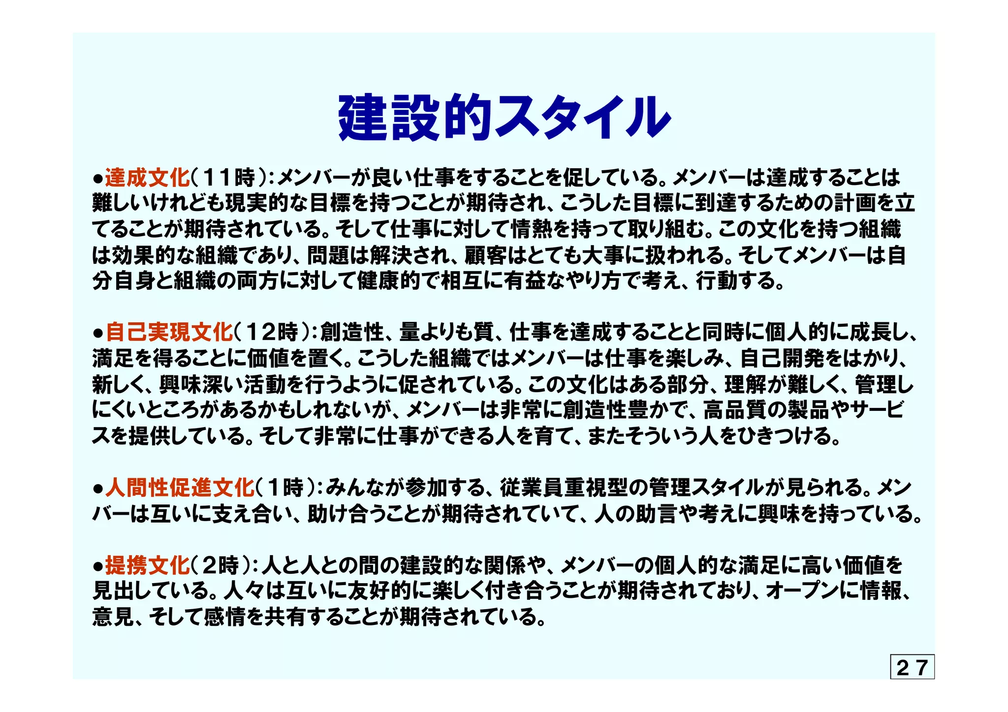 　　　　　　　建設的スタイル
●達成文化（１１時）：メンバーが良い仕事をすることを促している。メンバーは達成することは
難しいけれども現実的な目標を持つことが期待され、こうした目標に到達するための計画を立
てることが期待されている。そして仕事に対して情熱を持って取り組む。この文化を持つ組織
は効果的な組織であり、問題は解決され、顧客はとても大事に扱われる。そしてメンバーは自
分自身と組織の両方に対して健康的で相互に有益なやり方で考え、行動する。
●自己実現文化（１２時）：創造性、量よりも質、仕事を達成することと同時に個人的に成長し、
満足を得ることに価値を置く。こうした組織ではメンバーは仕事を楽しみ、自己開発をはかり、
新しく、興味深い活動を行うように促されている。この文化はある部分、理解が難しく、管理し
にくいところがあるかもしれないが、メンバーは非常に創造性豊かで、高品質の製品やサービ
スを提供している。そして非常に仕事ができる人を育て、またそういう人をひきつける。
●人間性促進文化（１時）：みんなが参加する、従業員重視型の管理スタイルが見られる。メン
バーは互いに支え合い、助け合うことが期待されていて、人の助言や考えに興味を持っている。
●提携文化（２時）：人と人との間の建設的な関係や、メンバーの個人的な満足に高い価値を
見出している。人々は互いに友好的に楽しく付き合うことが期待されており、オープンに情報、
意見、そして感情を共有することが期待されている。
２７
 