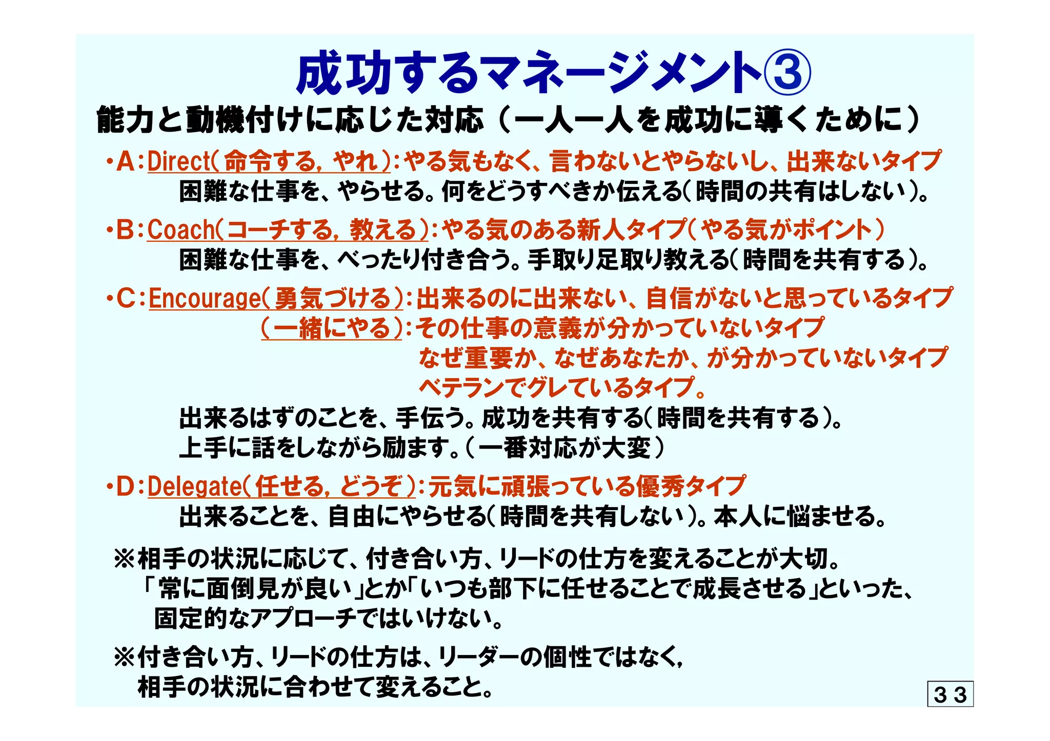 　　　　　    成功するマネージメント③  
能力と動機付けに応じた対応（一人一人を成功に導くために） 
　・Ａ：Direct（命令する，やれ）：やる気もなく、言わないとやらないし、出来ないタイプ
　            　困難な仕事を、やらせる。何をどうすべきか伝える（時間の共有はしない）。
　・Ｂ：Coach（コーチする，教える）：やる気のある新人タイプ（やる気がポイント）
　　　　　困難な仕事を、べったり付き合う。手取り足取り教える（時間を共有する）。
　・Ｃ：Encourage（勇気づける）：出来るのに出来ない、自信がないと思っているタイプ
　　  　　　　　  　　（一緒にやる）：その仕事の意義が分かっていないタイプ
　　　    　　　　　　　　  　　　  　　　  なぜ重要か、なぜあなたか、が分かっていないタイプ
　　　　　　　　　　　　　　　　　　　  ベテランでグレているタイプ。
            　　出来るはずのことを、手伝う。成功を共有する（時間を共有する）。
　　　　　上手に話をしながら励ます。（一番対応が大変）
　・Ｄ：Delegate（任せる，どうぞ）：元気に頑張っている優秀タイプ
  　          　出来ることを、自由にやらせる（時間を共有しない）。本人に悩ませる。
　
　※相手の状況に応じて、付き合い方、リードの仕方を変えることが大切。
　　　「常に面倒見が良い」とか「いつも部下に任せることで成長させる」といった、
　　　  固定的なアプローチではいけない。
　※付き合い方、リードの仕方は、リーダーの個性ではなく，
  　　相手の状況に合わせて変えること。 ３３
 