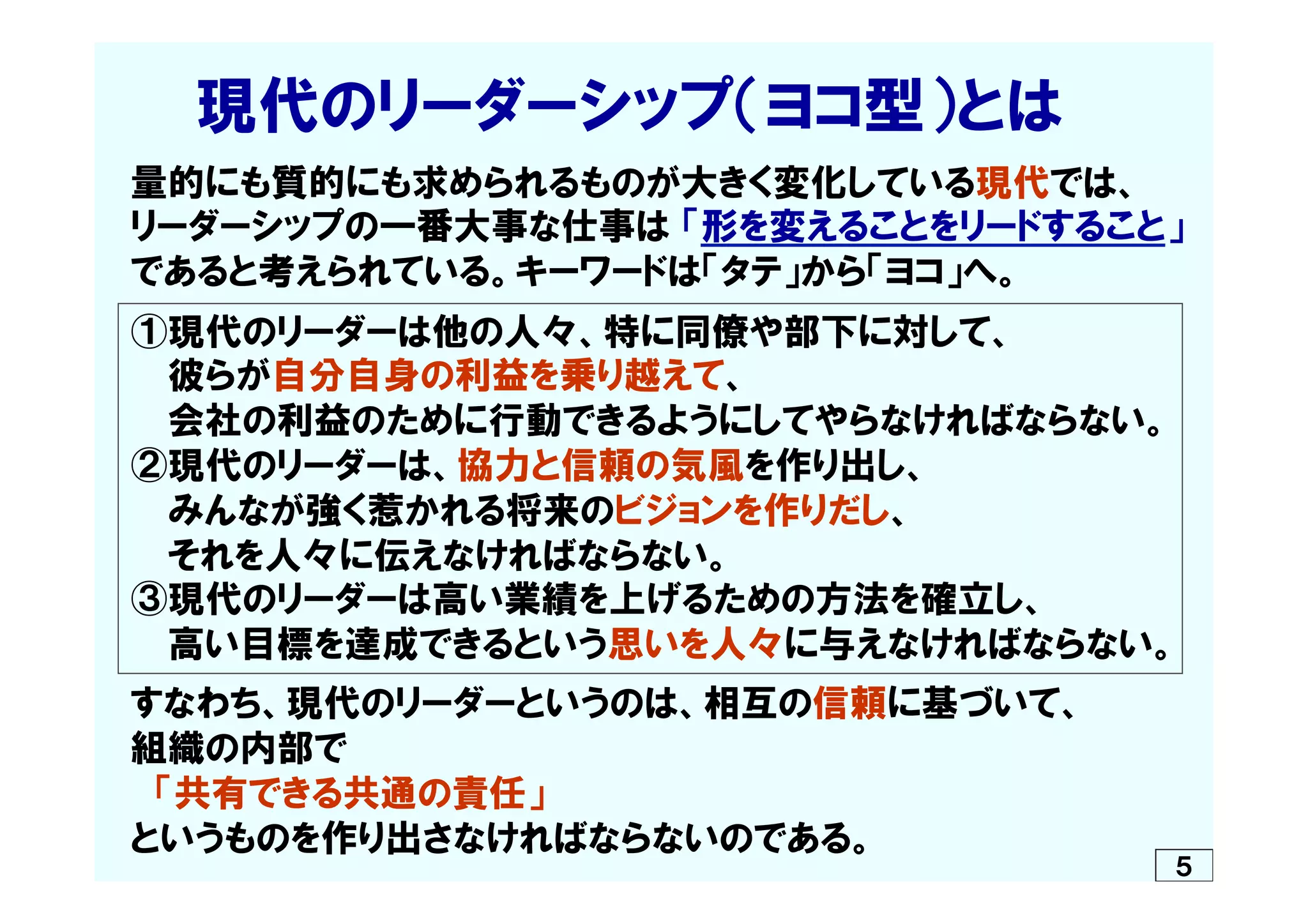 　　現代のリーダーシップ（ヨコ型）とは
　量的にも質的にも求められるものが大きく変化している現代では、
　リーダーシップの一番大事な仕事は  「形を変えることをリードすること」
　であると考えられている。キーワードは「タテ」から「ヨコ」へ。
　①現代のリーダーは他の人々、特に同僚や部下に対して、
　　  彼らが自分自身の利益を乗り越えて、
　　  会社の利益のために行動できるようにしてやらなければならない。
　②現代のリーダーは、協力と信頼の気風を作り出し、
　　  みんなが強く惹かれる将来のビジョンを作りだし、
　　  それを人々に伝えなければならない。
　③現代のリーダーは高い業績を上げるための方法を確立し、
　　  高い目標を達成できるという思いを人々に与えなければならない。
　すなわち、現代のリーダーというのは、相互の信頼に基づいて、
　組織の内部で
　　「共有できる共通の責任」
　というものを作り出さなければならないのである。
５
 