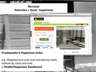 Because
           Retention = f(user_happiness)




Crashpadder’s Happiness Index

e.g. Weighted sum over core activities...
