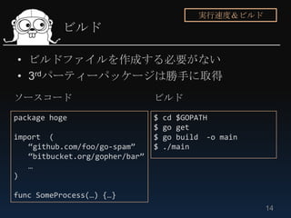実行速度＆ビルド
          ビルド

• ビルドファイルを作成する必要がない
• 3rdパーティーパッケージは勝手に取得
ソースコード                          ビルド
package hoge                    $   cd $GOPATH
                                $   go get
import (                        $   go build -o main
   “github.com/foo/go-spam”     $   ./main
   “bitbucket.org/gopher/bar”
   …
)

func SomeProcess(…) {…}
                                                       14
 