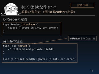 言語仕様
            強く柔軟な型付け
            柔軟な型付け（例: io.Readerの定義）

io.Readerの定義
type Reader interface {
   Read(p []byte) (n i...
