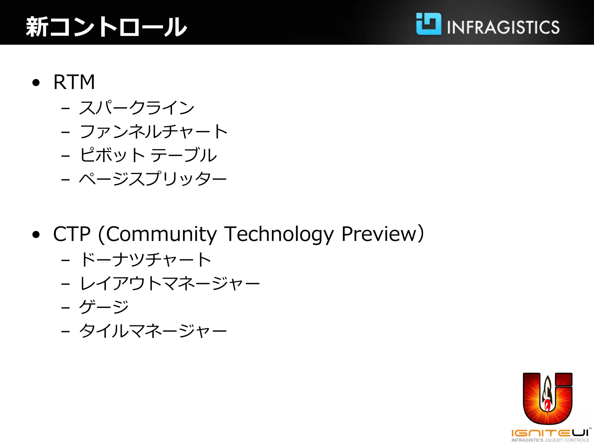 新コントロール

• RTM
  –   スパークライン
  –   ファンネルチャート
  –   ピボット テーブル
  –   ページスプリッター


• CTP (Community Technology Preview）
  –   ドーナツチャート
  –   レイアウトマネージャー
  –   ゲージ
  –   タイルマネージャー
 