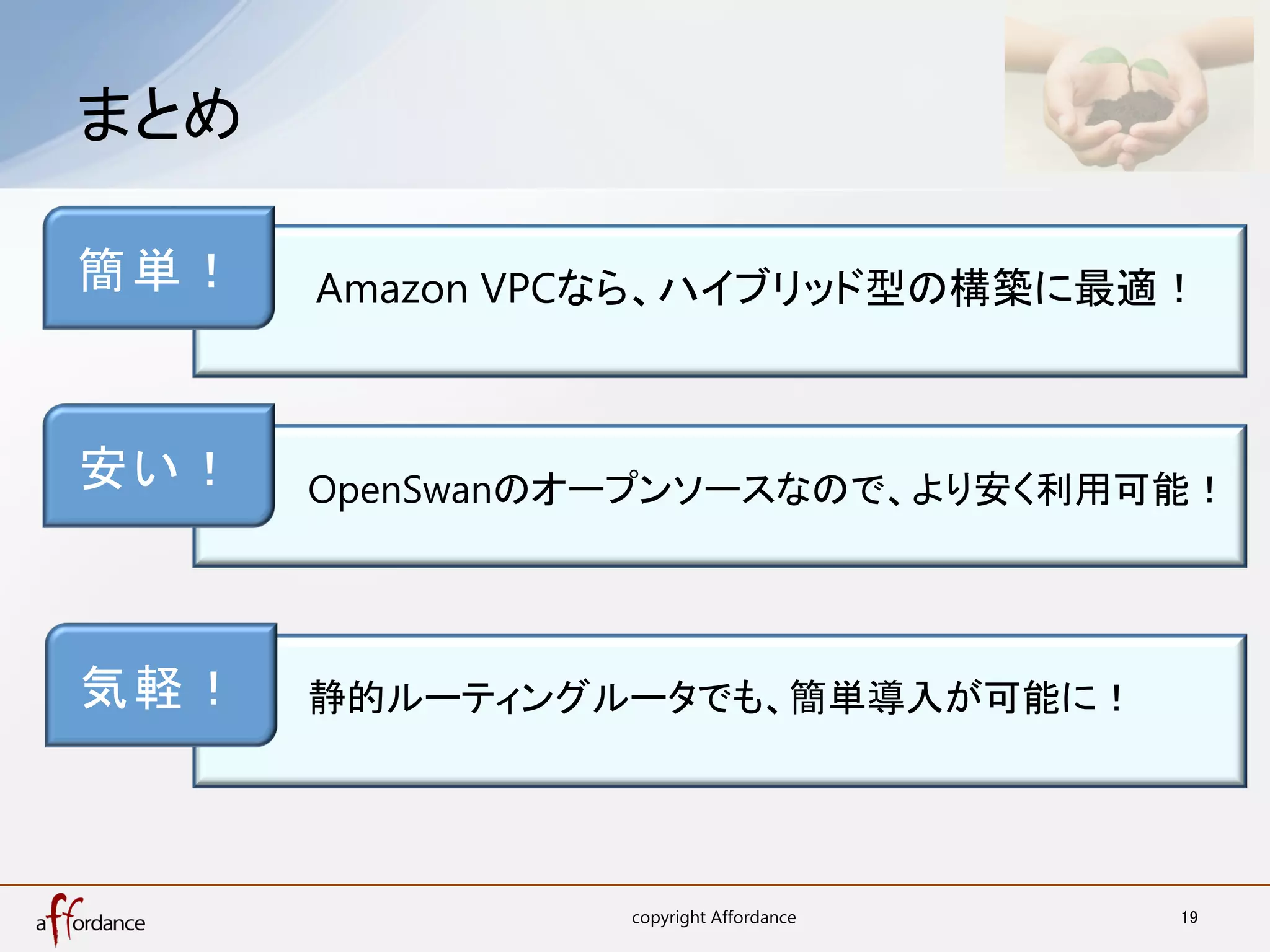 まとめ	

簡 単 ！ 	
   Amazon VPCなら、ハイブリッド型の構築に最適！



安 い ！ 	
   OpenSwanのオープンソースなので、より安く利用可能！	




気 軽 ！ 	
   静的ルーティングルータでも、簡単導入が可能に！	




                     copyright Affordance	
   19	
 