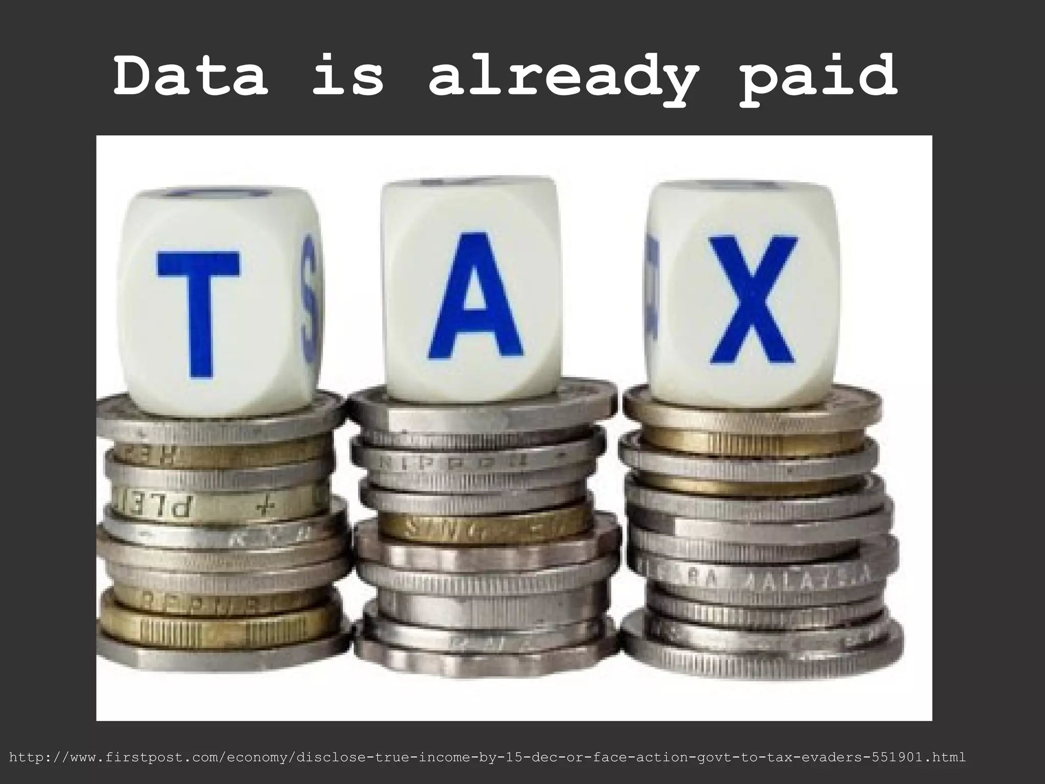 Data is already paid




http://www.firstpost.com/economy/disclose-true-income-by-15-dec-or-face-action-govt-to-tax-evaders-551901.html
 