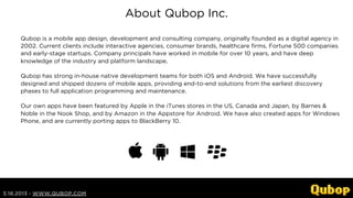 About Qubop Inc.

     Qubop is a mobile app design, development and consulting company, originally founded as a digital a...
