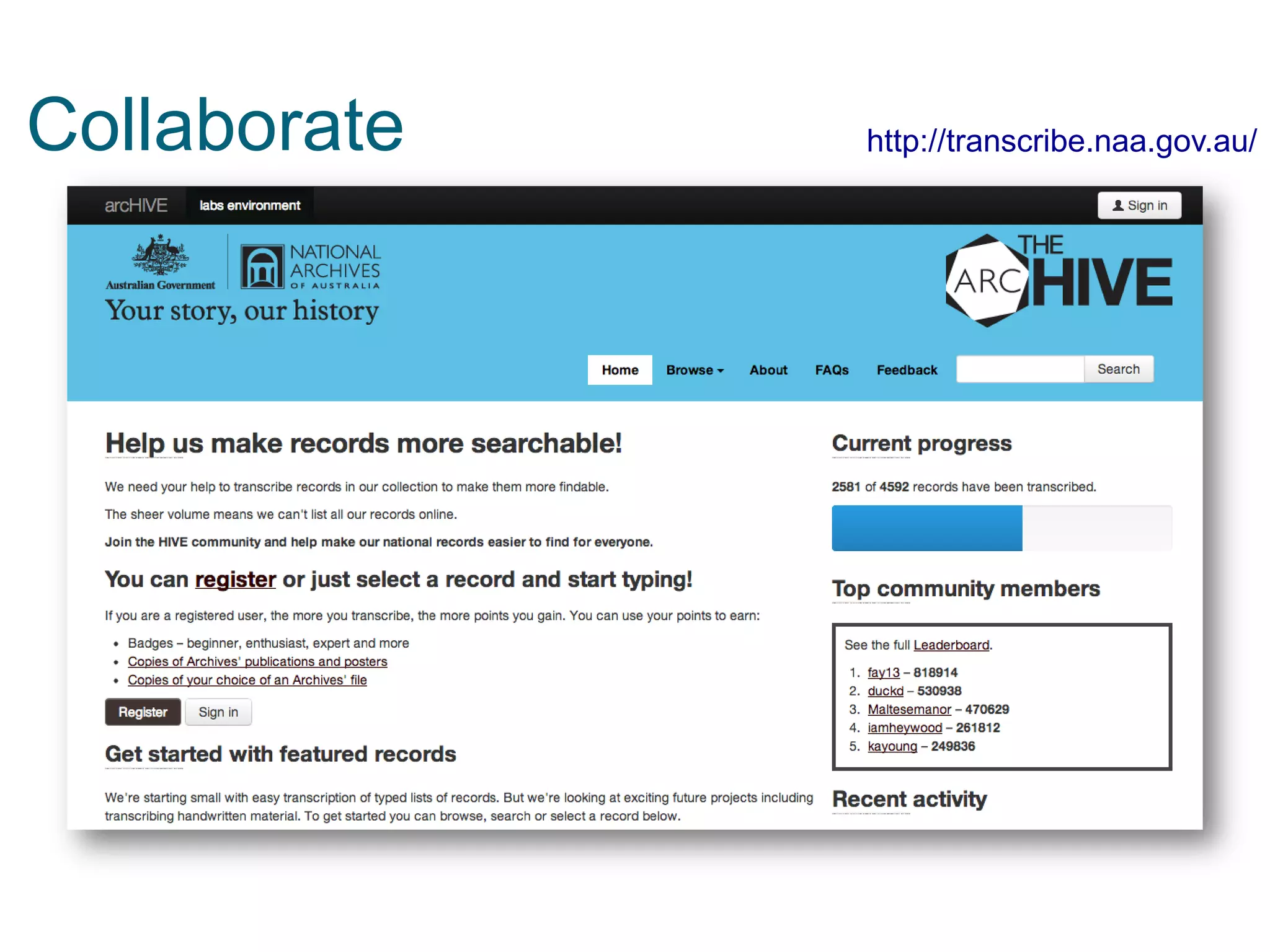 Collaborate

http://transcribe.naa.gov.au/

 