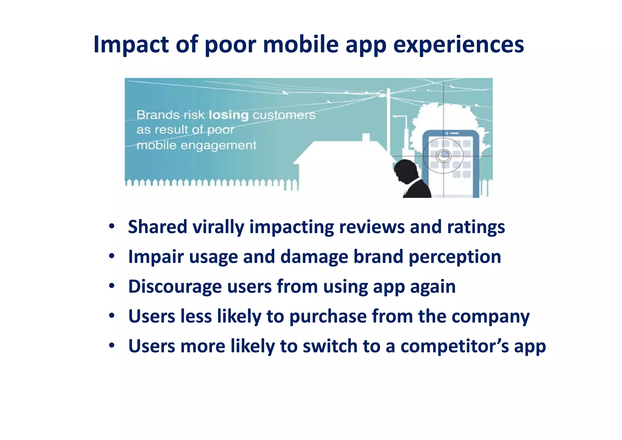 Impact of poor mobile app experiences




 •   Shared virally impacting reviews and ratings 
 •   Impair usage and damage brand perception
 •   Discourage users from using app again
 •   Users less likely to purchase from the company 
 •   Users more likely to switch to a competitor’s app 
 