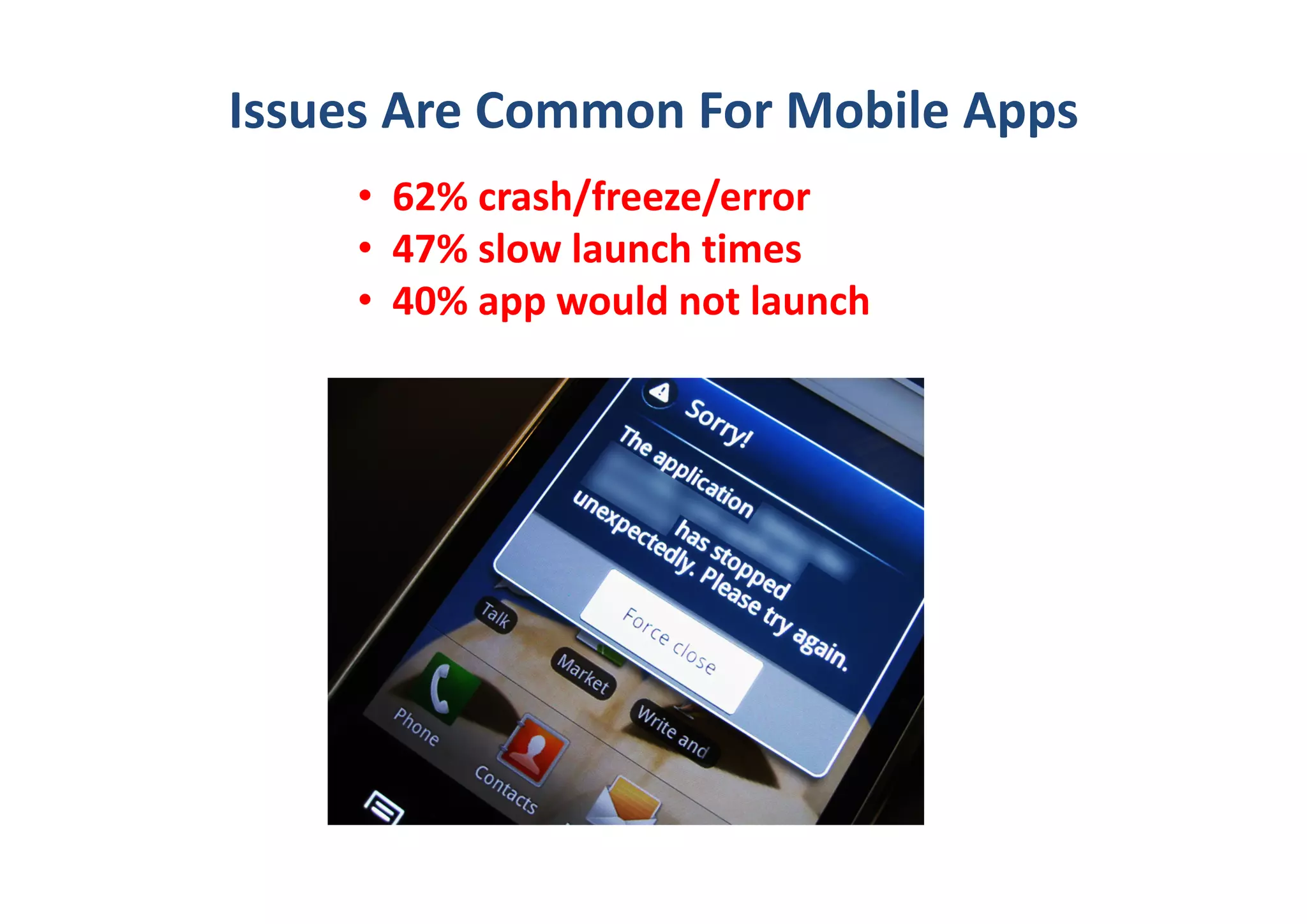 Issues Are Common For Mobile Apps 
     • 62% crash/freeze/error
     • 47% slow launch times
     • 40% app would not launch
 