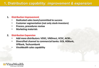 3
1, Distribution capability: improvement & expansion
1. Distribution Improvement
• Dedicated sales team/committed to success
• Customer segmentation (not only stock-investors)
• Process, procedures review
• Marketing materials
2. Distribution Expansion
• Add more distributors: VDSC, VNDirect, VCSC, ACBS…
• Diversified channel to commercial banks: SCB, HDBank,
VPBank, Techcombank
• VinaWealth sales capability
 