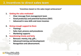 5
3, Incentives to direct sales team
1. Getting the sales motivated
• Clear message from management team
• Good product(s) and potential business (OEF)
• Advanced in new skills and more incomes
2. Giving enough support to them
• Trainings
• Sales tool, process and procedures
• Marketing supports
3. Incentivizing timely and fairly
• Bonuses: money, trip, gift…
• Advanced training and development
• Recognition and advancement.
“incentives based on the sales target achievement”
 