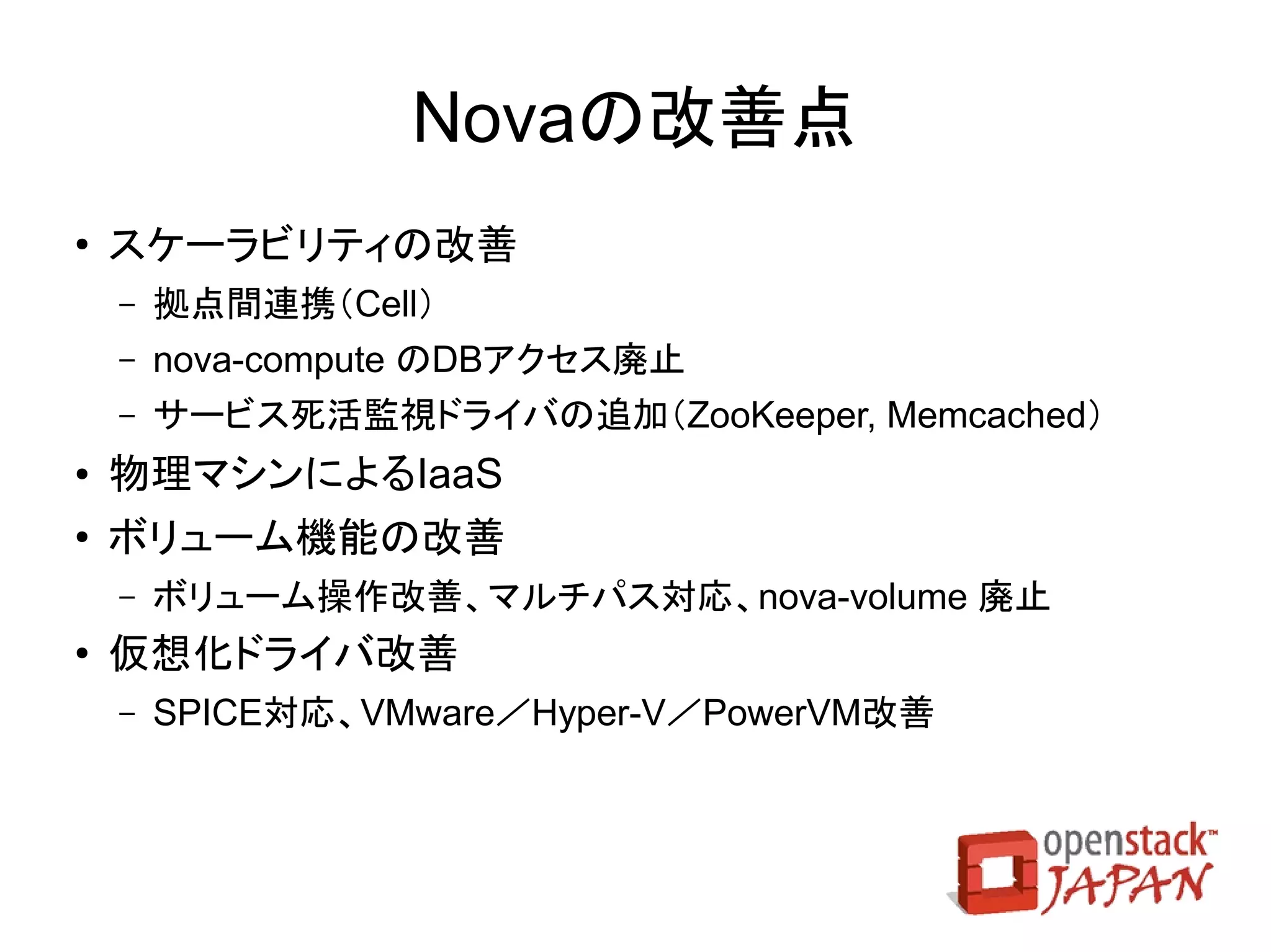 OpenStack Grizzlyの構成コンポーネント
               Web
              アクセス                       API
                                        アクセス

             Horizon（WebUI）

                 Keystone（統合認証基盤）


   Nova                Glance          Swift
  （IaaS基盤）           （ディスクイメージ　     （クラウドストレージ
                     テンプレート管理）        サービス基盤）



 Quantum               Cinder
 （ネットワーク　　            （ボリューム　　
  サービス基盤）             サービス基盤）
 