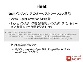 OpenStack Havanaの構成コンポーネント
                       Web
                      アクセス                         API
                                                  アクセス
                   Horizon（WebUI）
                          Keystone（統合認証基盤）
                             Heat（オーケストレーション基盤）

（
メ                  Nova               Glance        Swift
ー                                   （ディスクイメージ　   （クラウドストレージ
    Ceilometer




                  （IaaS基盤）
タ                                   テンプレート管理）      サービス基盤）
リ
ン
グ
基                Quantum              Cinder
盤                （ネットワーク　　           （ボリューム　　
）                 サービス基盤）            サービス基盤）
 
