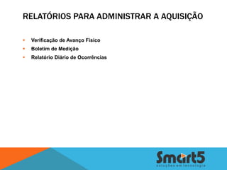RELATÓRIOS PARA ADMINISTRAR A AQUISIÇÃO

   Verificação de Avanço Físico
   Boletim de Medição
   Relatório Diário de Ocorrências
 