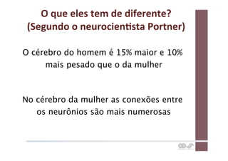 O	
  que	
  eles	
  tem	
  de	
  diferente?	
  
 (Segundo	
  o	
  neurocienCsta	
  Portner)	
  

O cérebro do homem é 15% maior e 10%
     mais pesado que o da mulher



No cérebro da mulher as conexões entre
   os neurônios são mais numerosas
 