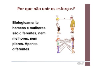 Por	
  que	
  não	
  unir	
  os	
  esforços?	
  

Biologicamente
homens e mulheres
são diferentes, nem
melhores, nem
piores. Apenas
diferentes
 