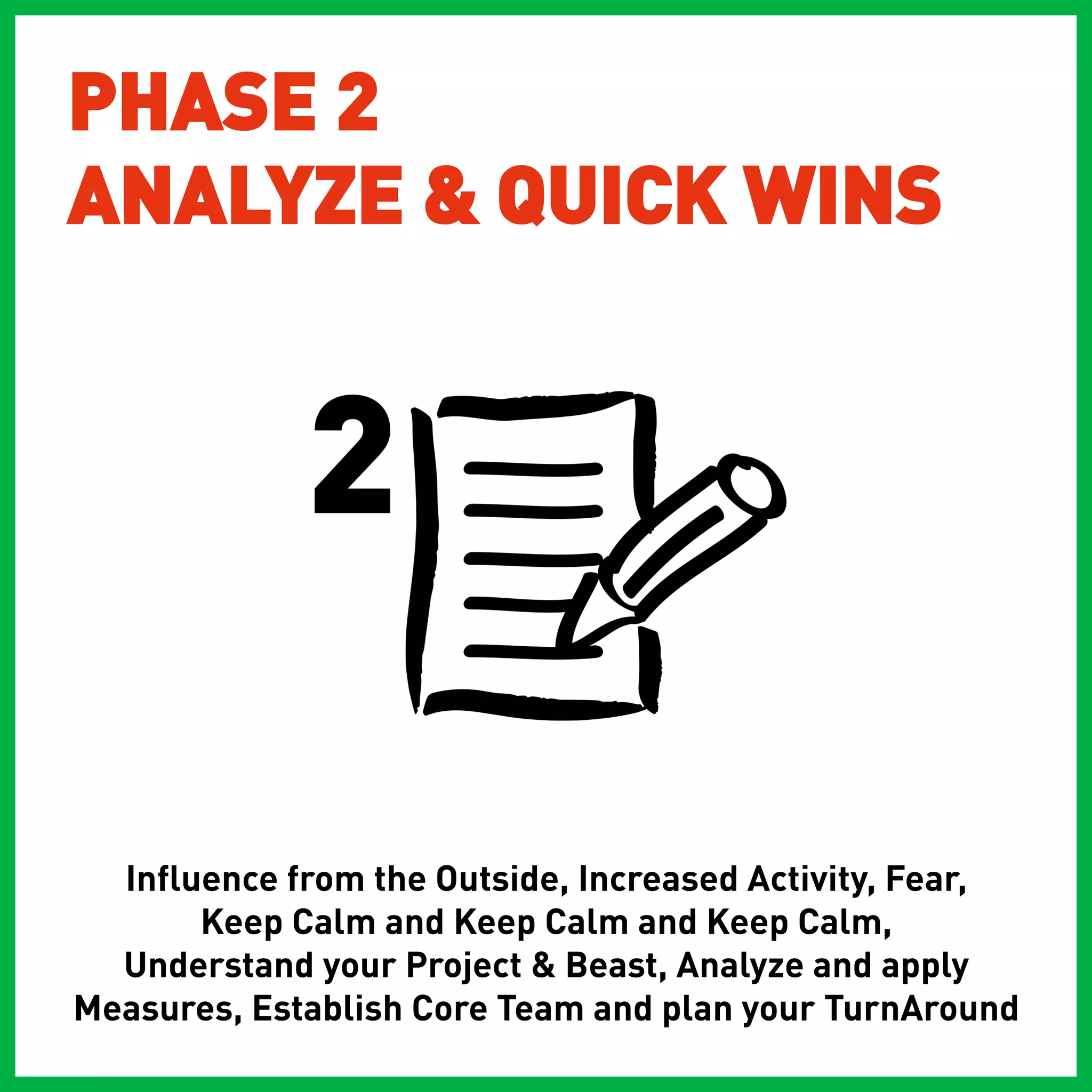PHASE 2
ANALYZE & QUICK WINS




  Influence from the Outside, Increased Activity, Fear,
       Keep Calm and Keep Calm and Keep Calm,
  Understand your Project & Beast, Analyze and apply
Measures, Establish Core Team and plan your TurnAround
 