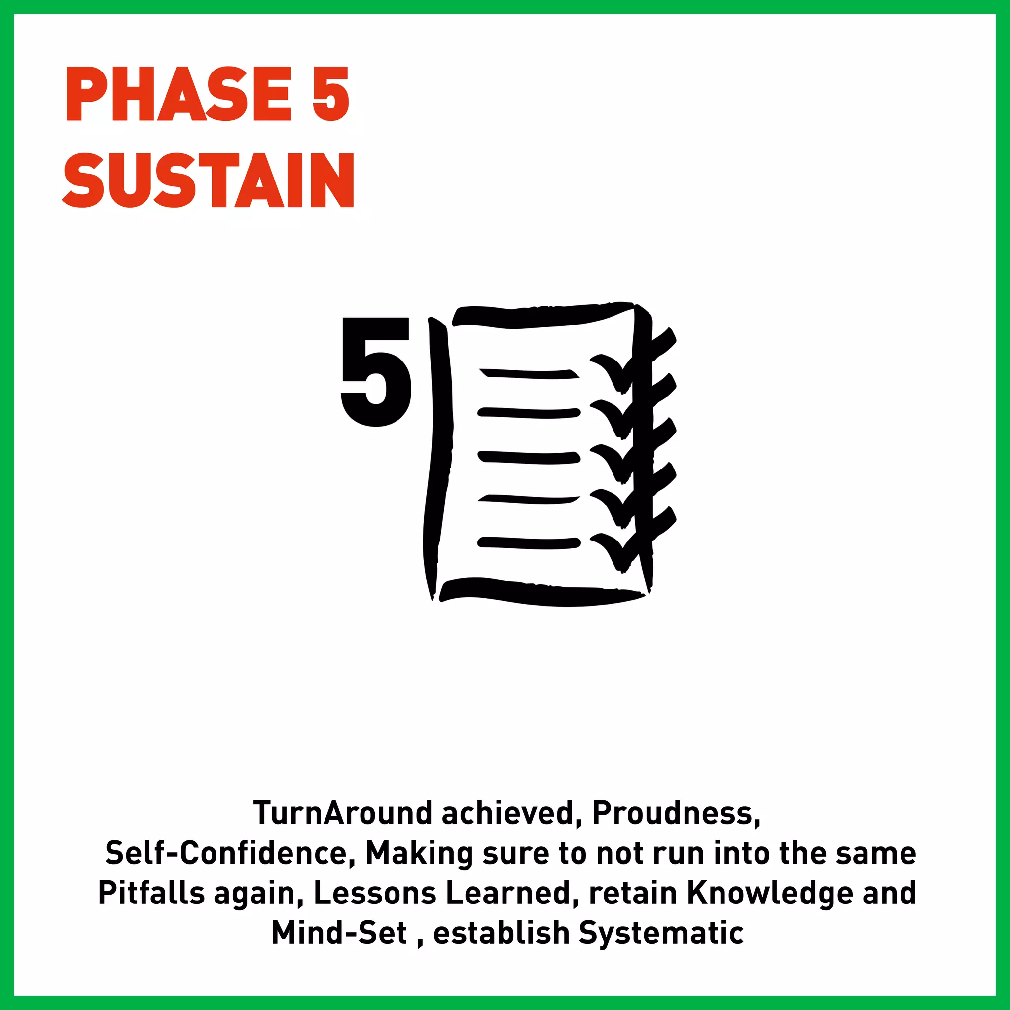 PHASE 5
SUSTAIN




           TurnAround achieved, Proudness,
Self-Confidence, Making sure to not run into the same
Pitfalls again, Lessons Learned, retain Knowledge and
            Mind-Set , establish Systematic
 