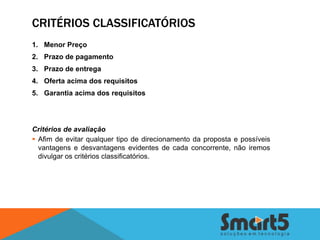 CRITÉRIOS CLASSIFICATÓRIOS
1. Menor Preço
2. Prazo de pagamento
3. Prazo de entrega
4. Oferta acima dos requisitos
5. Garantia acima dos requisitos




Critérios de avaliação
 Afim de evitar qualquer tipo de direcionamento da proposta e possíveis
  vantagens e desvantagens evidentes de cada concorrente, não iremos
  divulgar os critérios classificatórios.
 