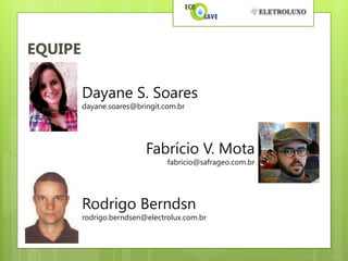 EQUIPE

         Dayane S. Soares
         dayane.soares@bringit.com.br




                          Fabrício V. Mota
                                fabricio@safrageo.com.br




         Rodrigo Berndsn
         rodrigo.berndsen@electrolux.com.br
 