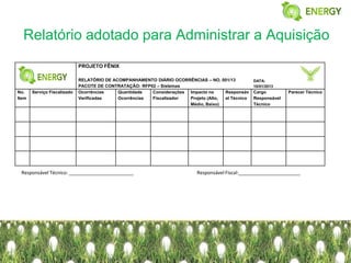 Relatório adotado para Administrar a Aquisição
                             PROJETO FÊNIX

                             RELATÓRIO DE ACOMPANHAMENTO DIÁRIO OCORRÊNCIAS – NO. 001/13          DATA:
                             PACOTE DE CONTRATAÇÃO: RFP02 – Sistemas                              10/01/2013
No.    Serviço Fiscalizado   Ocorrências    Quantidade  Considerações Impacto no     Responsáv    Cargo         Parecer Técnico
Item                         Verificadas    Ocorrências Fiscalizador  Projeto (Alto, el Técnico   Responsável
                                                                      Médio, Baixo)               Técnico




 Responsável Técnico: ________________________                            Responsável Fiscal:_______________________
 
