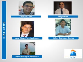 João da Cruz                Sérgio Alex


DI
R
E                                     FALTA FOTO
T                                     DE VALTER
O
RI
A    José Diego Formiga Dantas   Valter Soares de Barros




     Paulo Henrique Mendonça
 