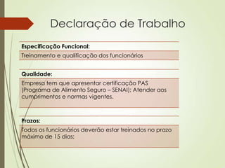 Declaração de Trabalho
Especificação Funcional:
Treinamento e qualificação dos funcionários


Qualidade:
Empresa tem que apresentar certificação PAS
(Programa de Alimento Seguro – SENAI); Atender aos
cumprimentos e normas vigentes.



Prazos:
Todos os funcionários deverão estar treinados no prazo
máximo de 15 dias;
 