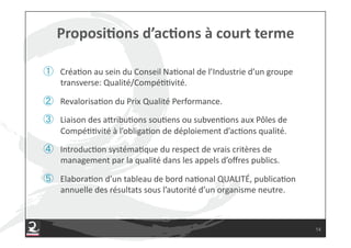   Créa7on#au#sein#du#Conseil#Na7onal#de#l’Industrie#d’un#groupe#
 transverse:#Qualité/Compé77vité.#

  Revalorisa7on#du#Prix#Qualité#Performance.#
  Liaison#des#aZribu7ons#sou7ens#ou#subven7ons#aux#Pôles#de#
 Compé77vité#à#l’obliga7on#de#déploiement#d’ac7ons#qualité.#

  Introduc7on#systéma7que#du#respect#de#vrais#critères#de#
 management#par#la#qualité#dans#les#appels#d’oﬀres#publics.#

  Elabora7on#d’un#tableau#de#bord#na7onal#QUALITÉ,#publica7on#
 annuelle#des#résultats#sous#l’autorité#d’un#organisme#neutre.#



                                                                   14
 