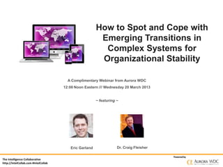 How to Spot and Cope with
                                                         Emerging Transitions in
                                                          Complex Systems for
                                                         Organizational Stability

                                        A Complimentary Webinar from Aurora WDC
                                      12:00 Noon Eastern /// Wednesday 20 March 2013


                                                        ~ featuring ~




                                         Eric Garland               Dr. Craig Fleisher

                                                                                         Powered by
The Intelligence Collaborative
http://IntelCollab.com #IntelCollab
 